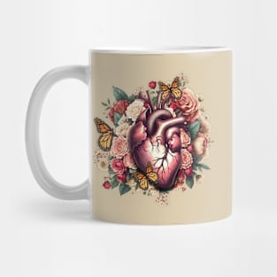 Anantomy Heart watercolor, floral human heart illustration art, flowers, roses, butterflies and floral anatomy art Mug